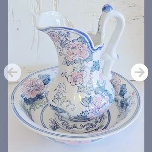 Pitcher and wash bowl, white floral design shabby chic decor, ceramic bowl